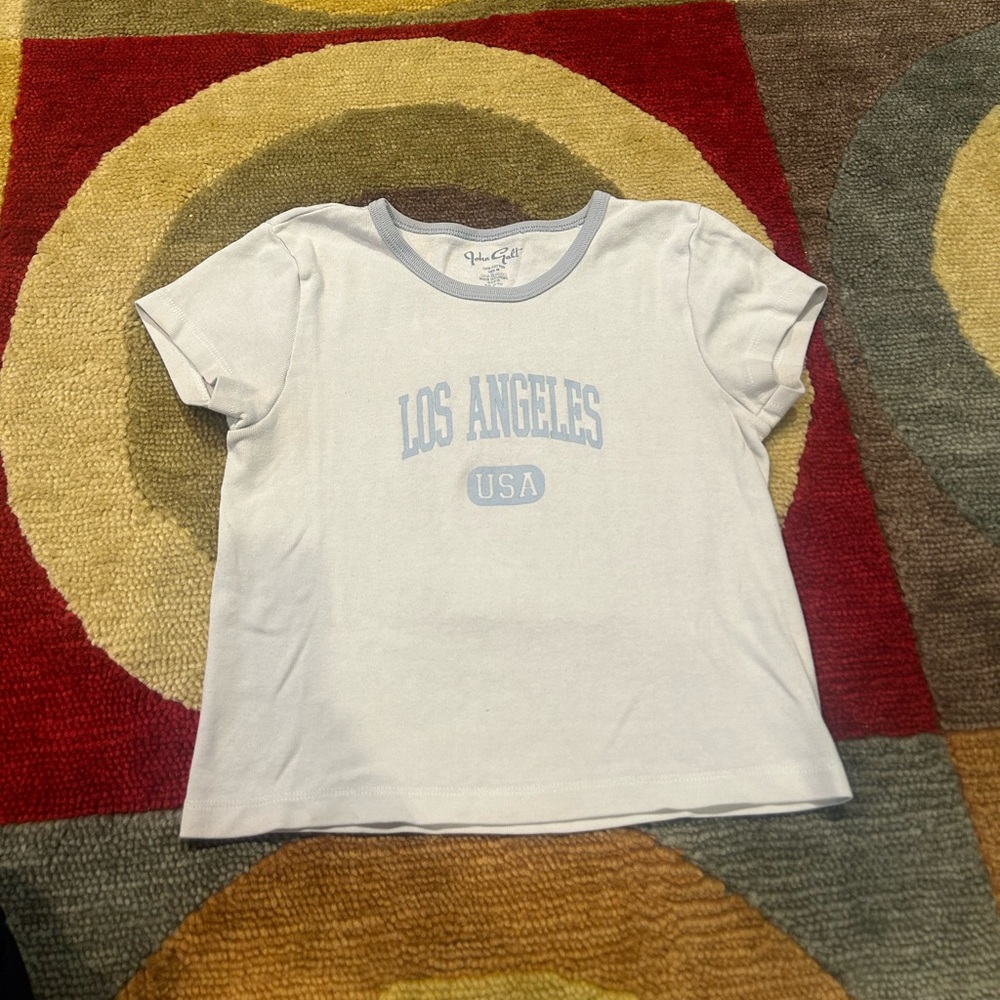 John Galt Brandy Melville Los Angeles Graphic Baby Tee Shirt Crop Top Light Blue